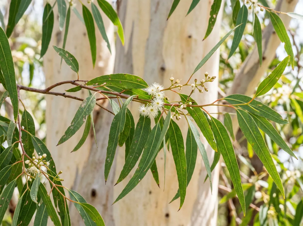 Slender lemon-scented gum foliage with smooth pale trunks behind