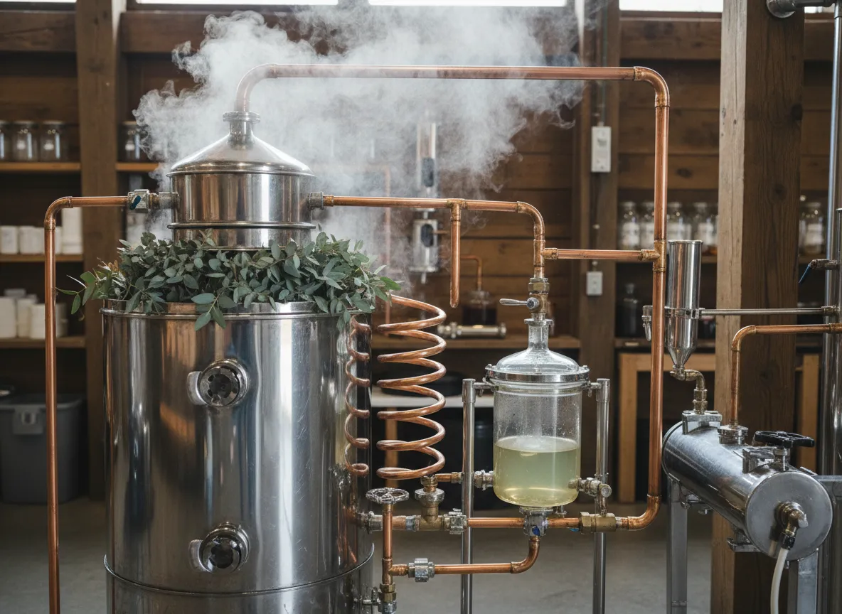 Fresh lemon-scented gum foliage in a still with steam rising